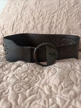 Diesel Dark Brown Leather Wide Belt with Round Metal Buckle